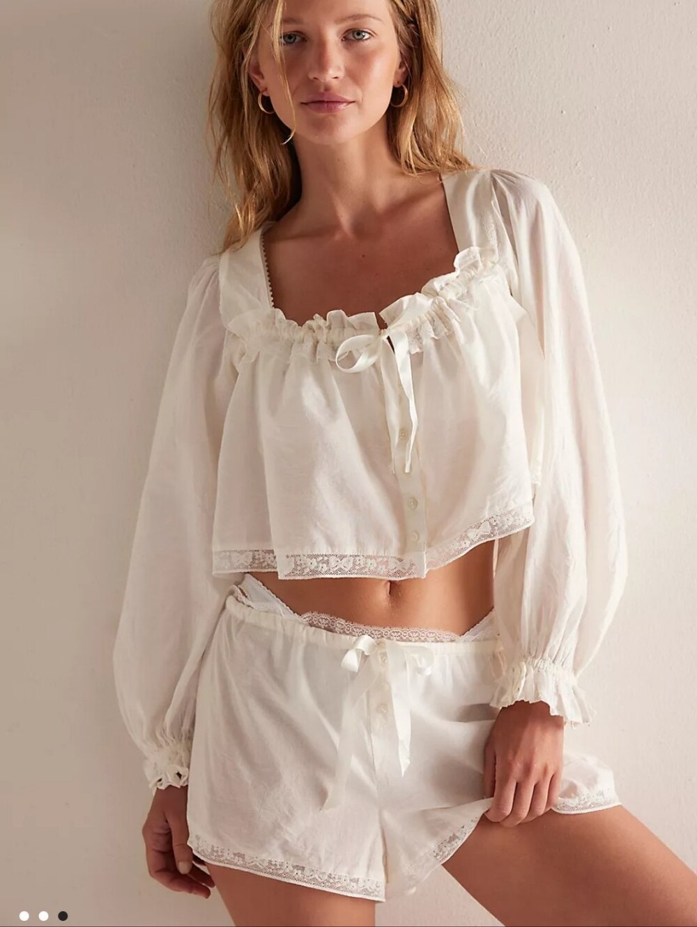 For Love & Lemons Cream Ruffled Lace-Trim Sleep Top